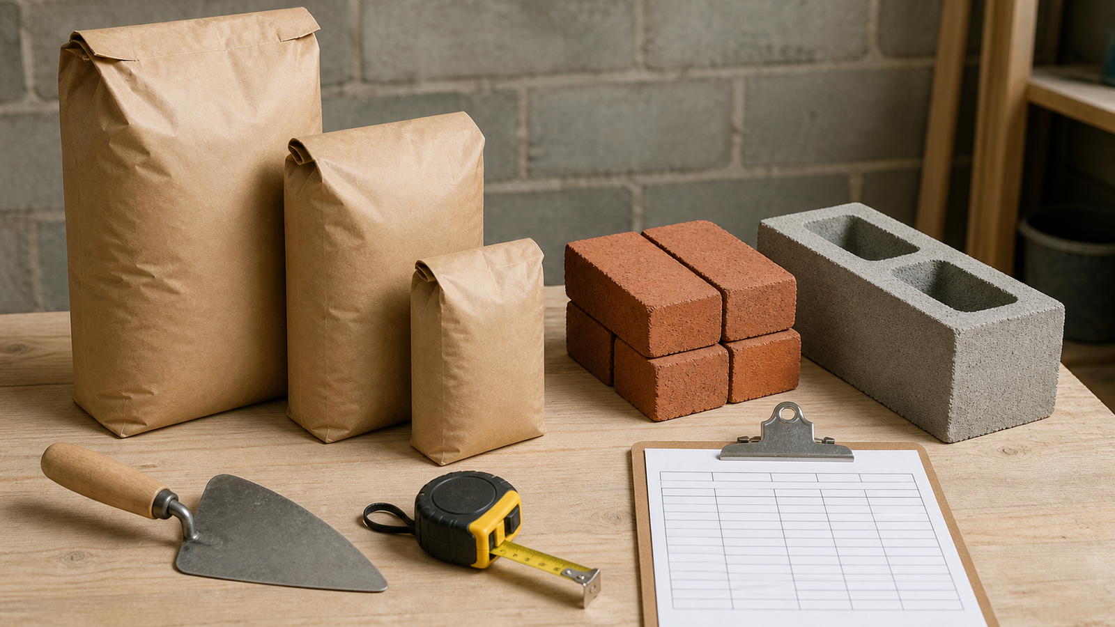 Three plain mortar bags beside standard bricks, a concrete block, masonry trowel, tape measure and blank coverage worksheet.