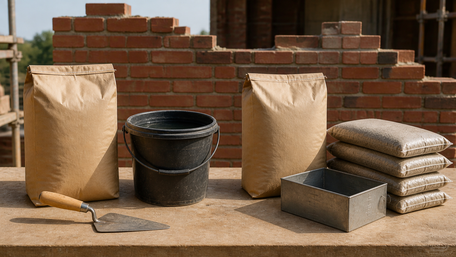 A plain mortar-mix bag beside water and a separate masonry-cement bag beside bagged sand and a measuring box.