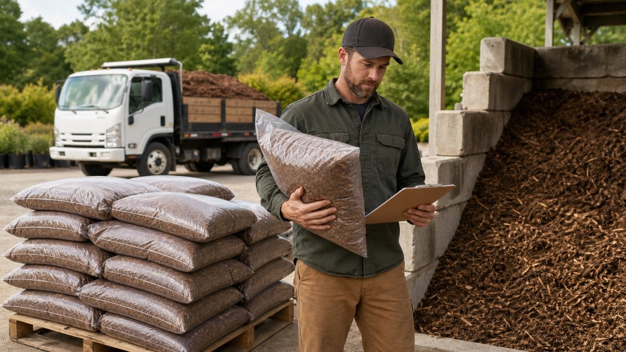 Landscape contractor comparing a package of bark mulch with a bulk mulch bay and delivery truck.