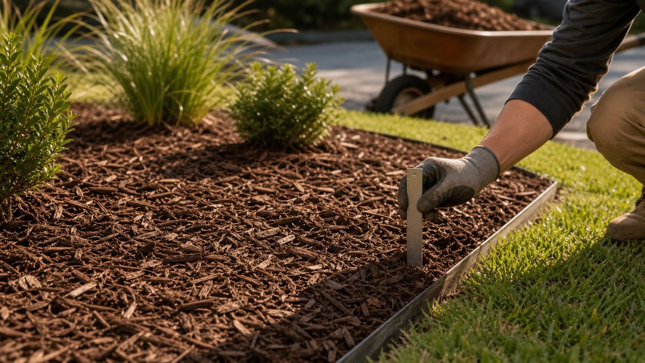 Landscaper checking the depth of shredded bark mulch at the edge of a prepared garden bed.