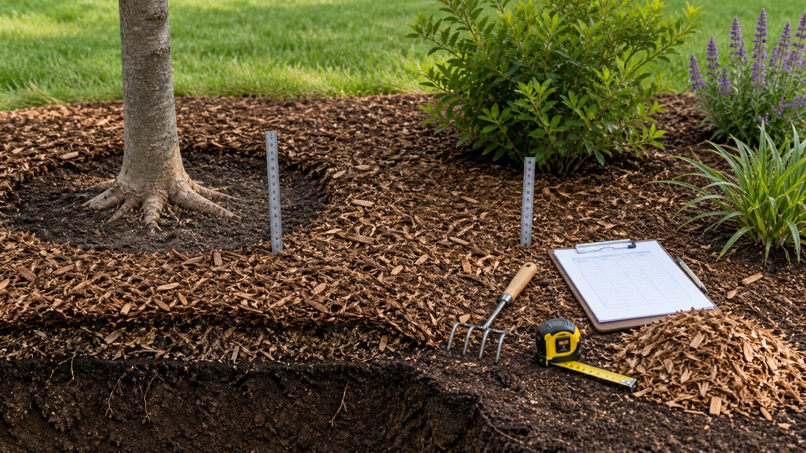 Tree root flare and shrub bed with even wood-chip mulch measured at two points beside a blank depth record and fresh top-up material.