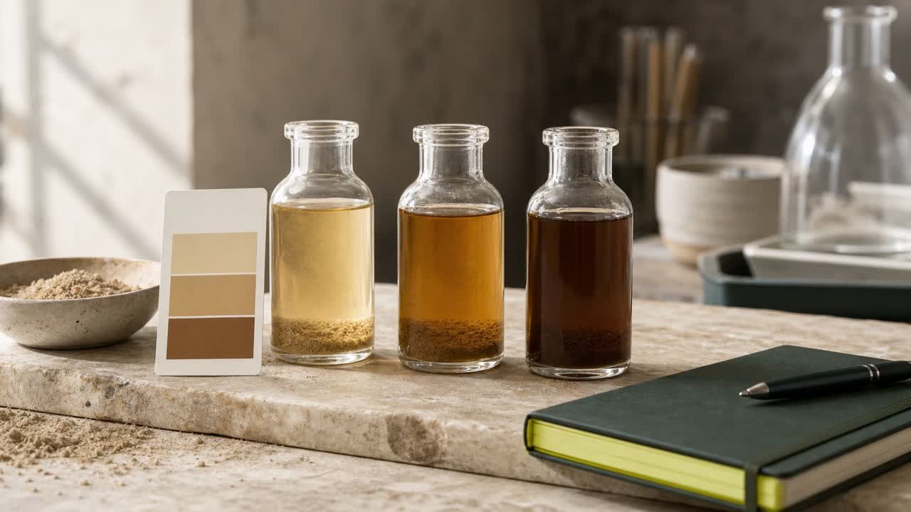 Three laboratory bottles containing light amber, medium amber, and dark brown liquid above fine sand sediment, beside a reference card.