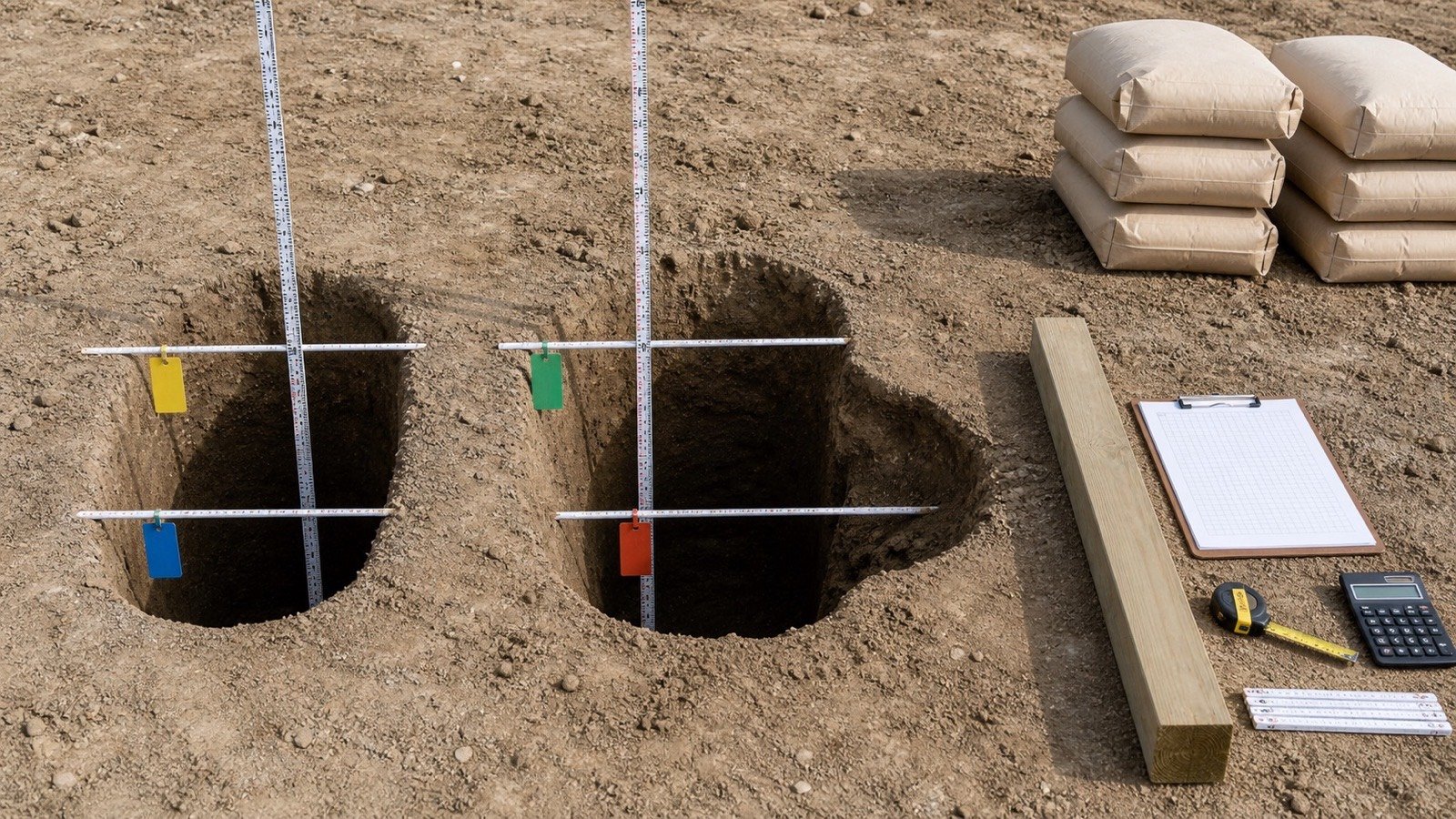 Straight reference post hole and locally widened post hole measured at two depths beside a blank field record and concrete bags.