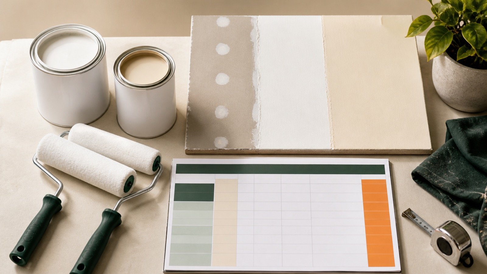 Two plain paint containers, two rollers, a tape measure, a blank coating schedule and a sample board showing repair, primer and finish sections.
