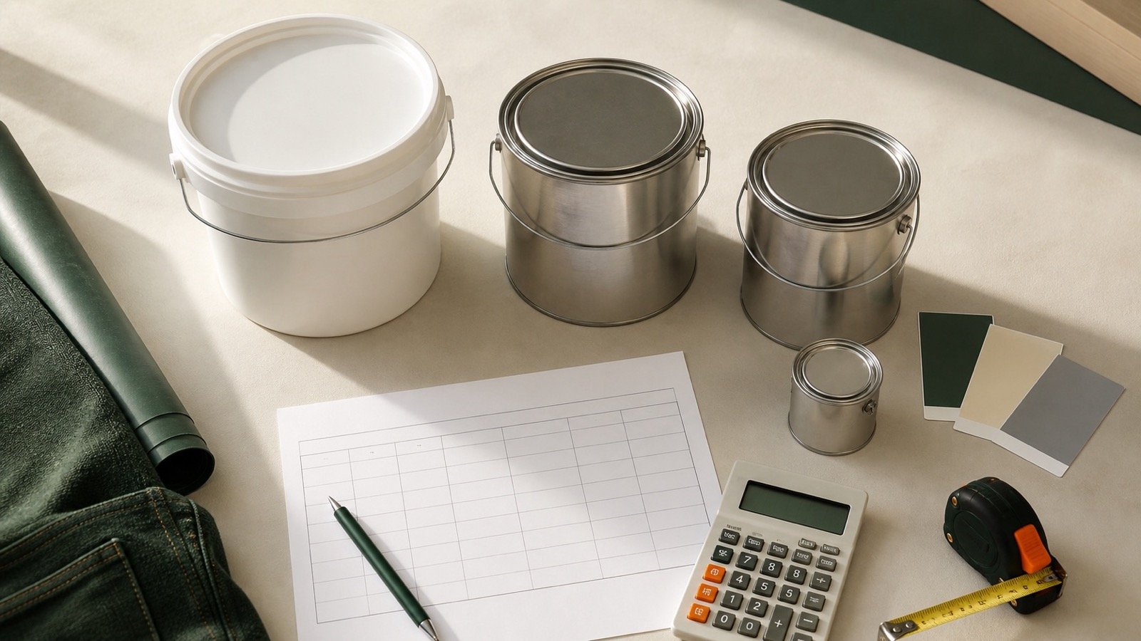 Four plain paint containers of different capacities beside a blank order grid, calculator, tape measure and color swatches.