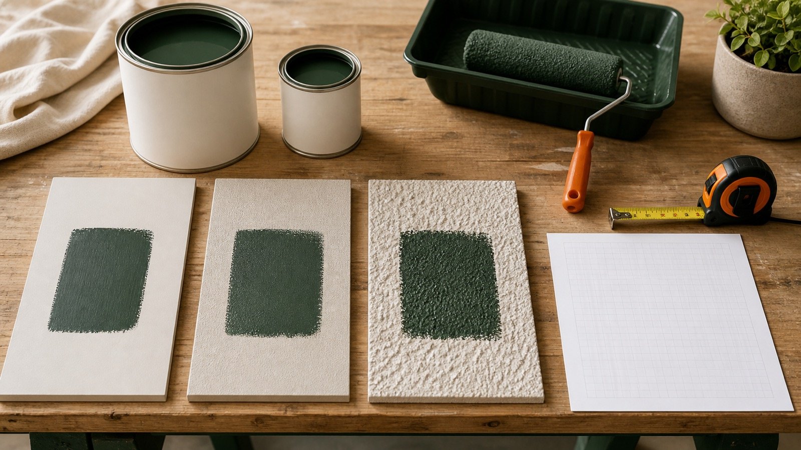Two plain paint containers, roller, measuring tape and three painted sample boards with smooth, porous and heavy textures.