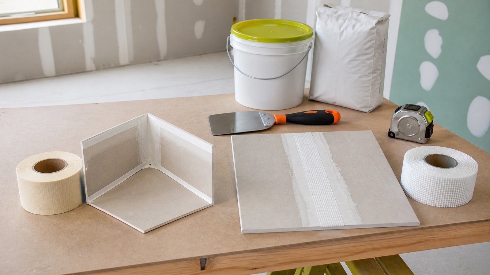 Paper drywall tape beside an inside-corner sample and fiberglass mesh tape beside a flat seam sample on a workbench.