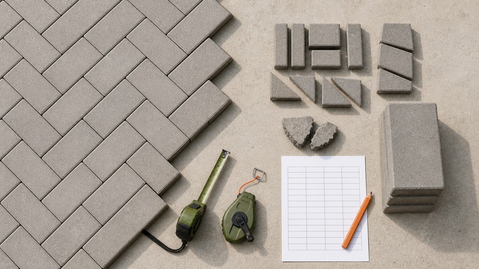 Overhead paver layout with a diagonal cut edge, sorted offcuts, broken pieces, whole spare pavers and a blank quantity worksheet.