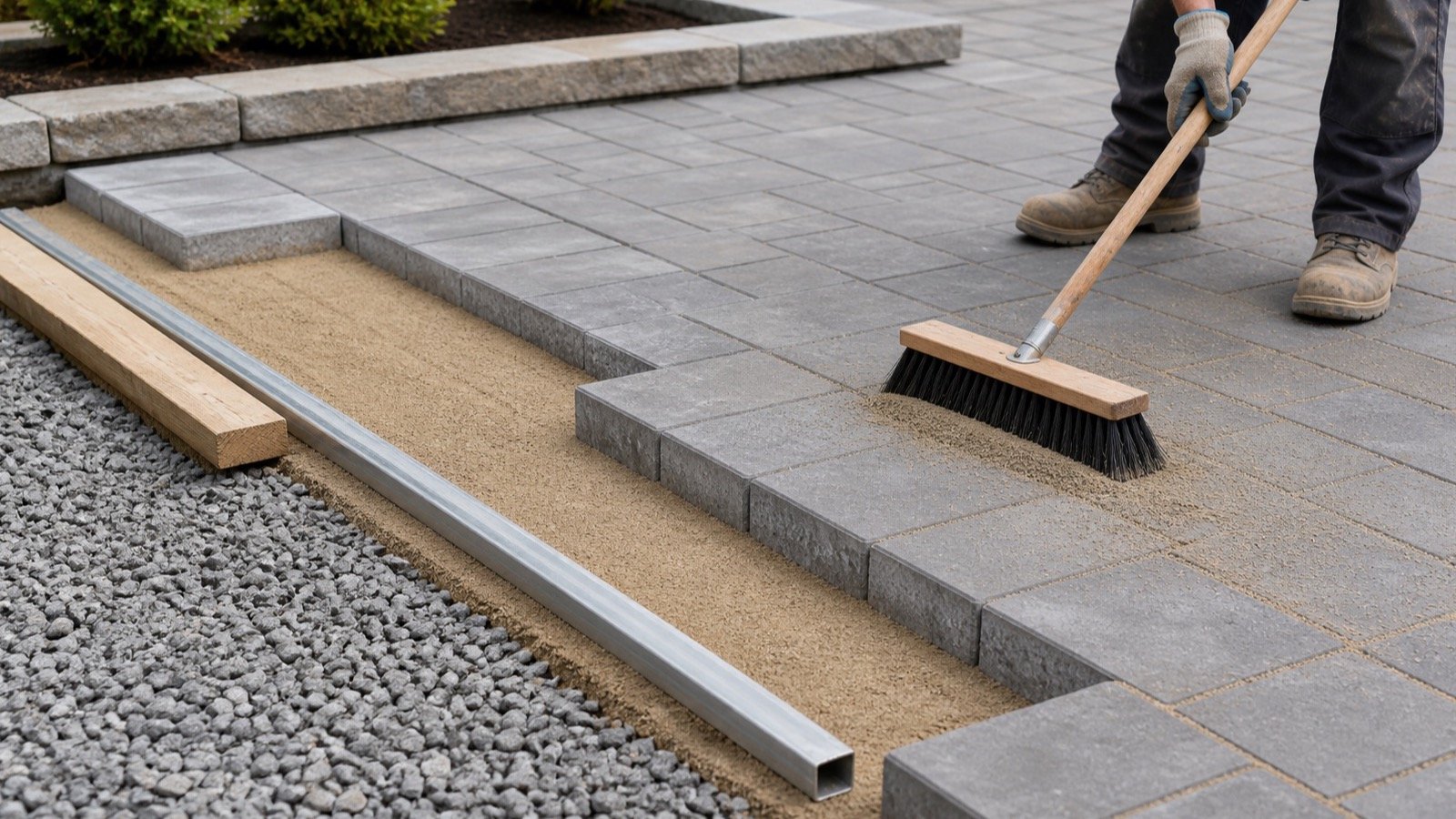Paver installation showing bedding sand below partly laid gray pavers and joint sand being swept into gaps on the finished surface.