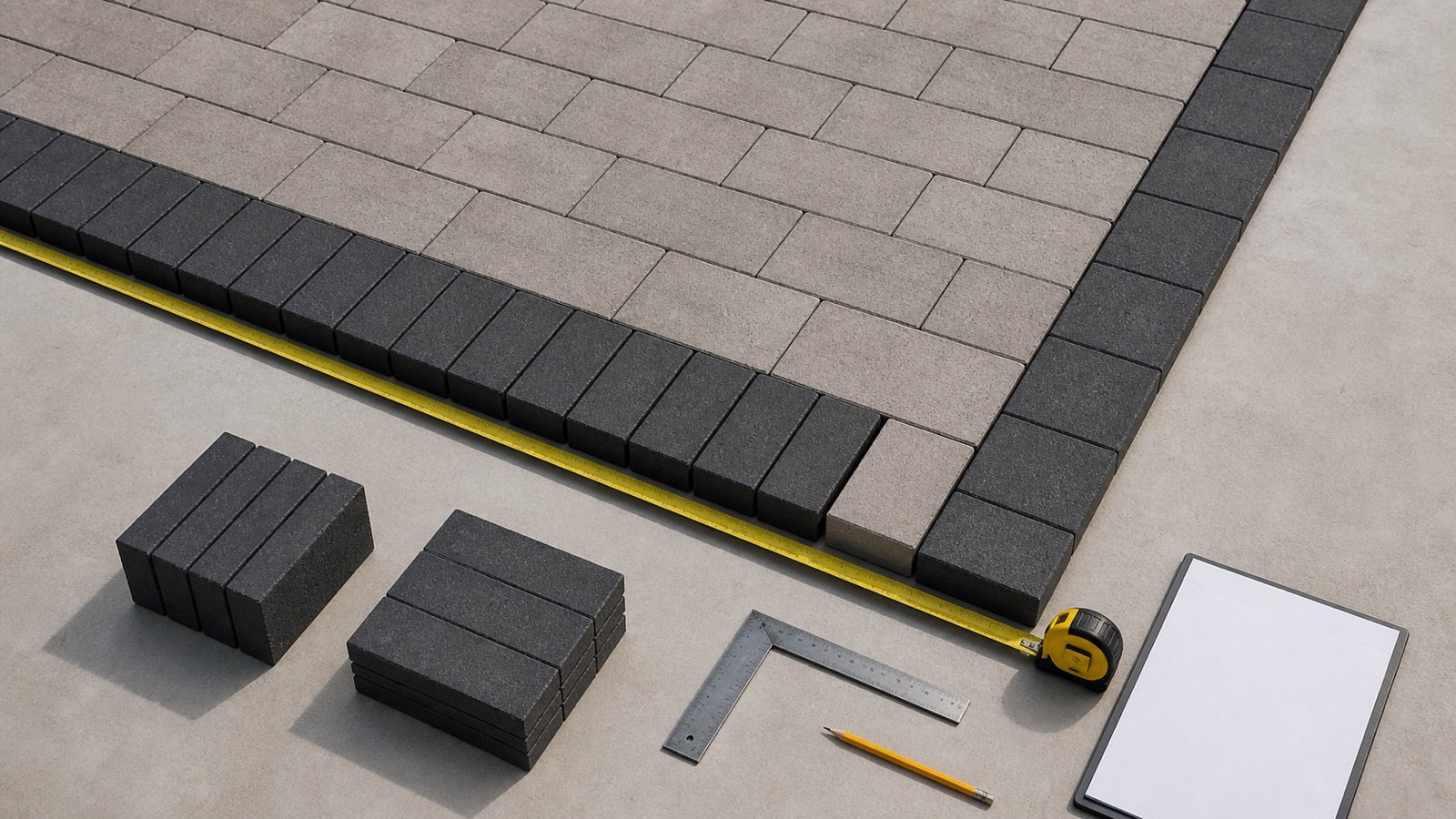 Measured rectangular paver field with dark border pavers arranged in two orientations, a tape measure, corner square and separate paver stacks.