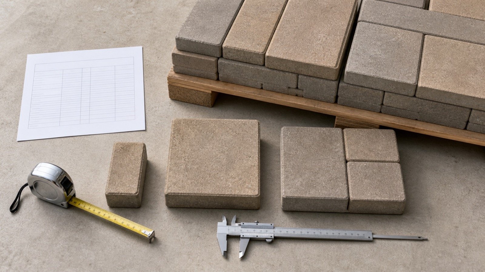 Overhead paver quantity workspace with rectangular, square and mixed-size units, measuring tools, a blank product sheet and stacked pallet layers.