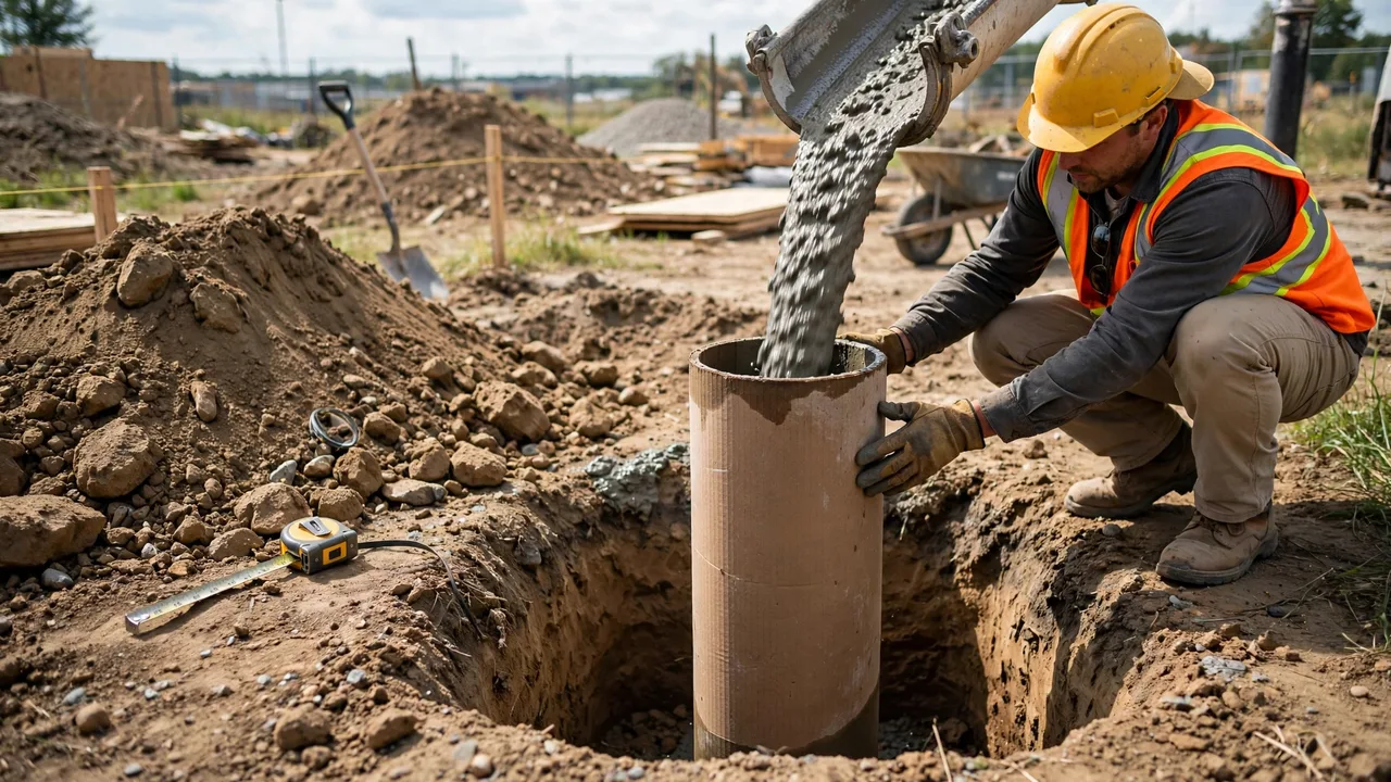 A construction worker in a yellow hard hat and orange hi-vis vest steadying a round cardboard concrete form tube set in an excavated footing hole while fresh concrete pours into the tube from a chute, with a tape measure and soil piles beside the hole.