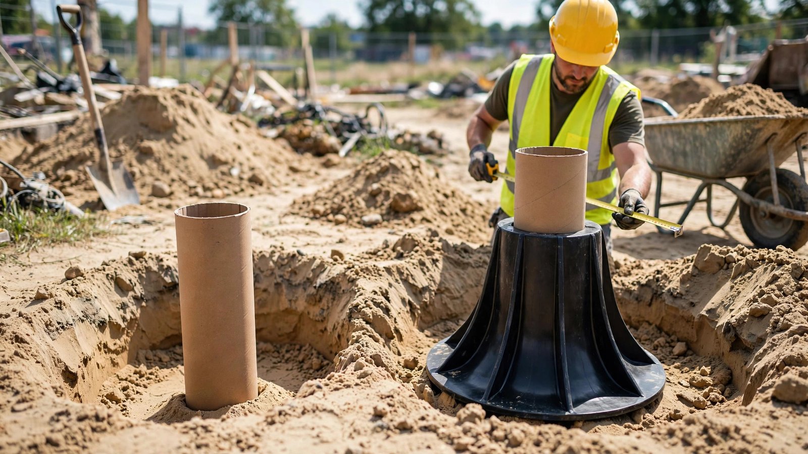 A worker in a yellow hard hat and hi-vis vest measuring a round cardboard concrete form tube standing in an excavated hole, beside a black flared plastic footing form with a tube attached on top, with soil piles, a shovel, and a wheelbarrow nearby.