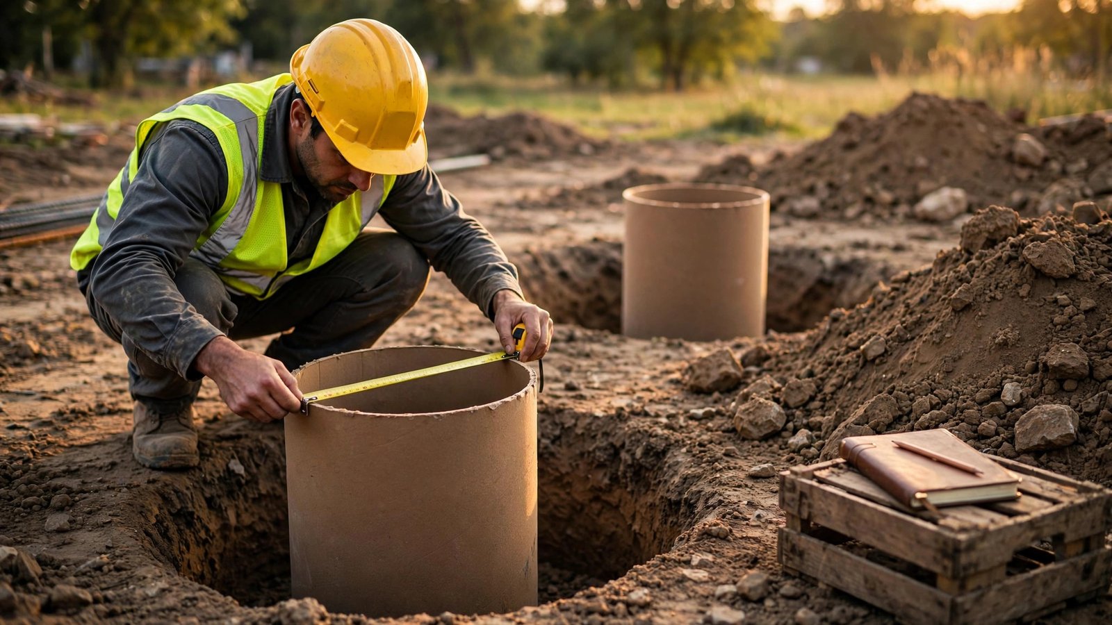 A construction worker in a yellow hard hat and hi-vis vest stretching a yellow tape measure across the open top of a round brown cardboard concrete form tube set in an excavated pier footing hole, with a second tube, soil piles, and a notebook on a wooden crate nearby.