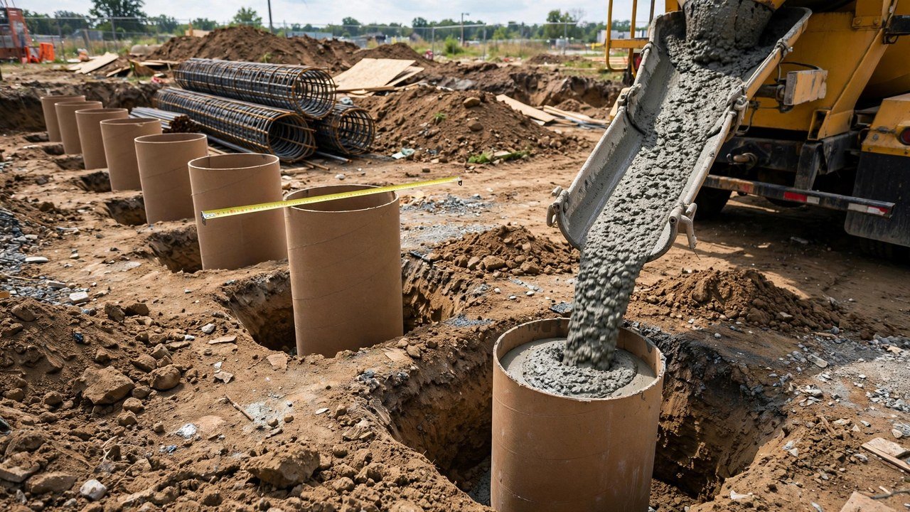 A mixer truck chute pours concrete into a round cardboard form tube set in an excavated hole, with a row of form tubes in excavated holes, a yellow measuring tape stretched across one tube opening, and steel rebar cages stacked nearby.
