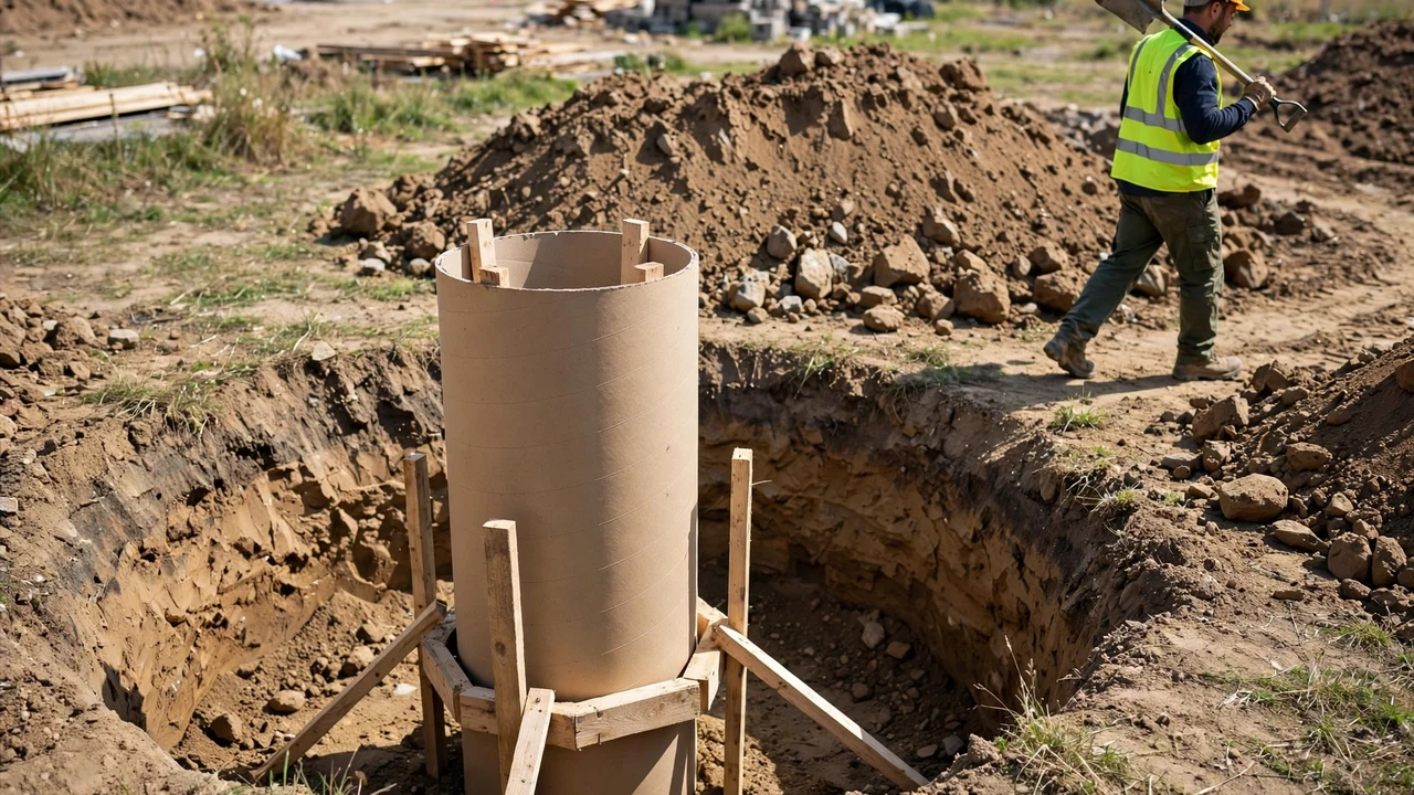 A round kraft-paper concrete form tube braced with wooden stakes inside an excavated pier footing hole, with a construction worker in a hard hat and hi-vis vest walking past a spoil pile set back from the hole edge.