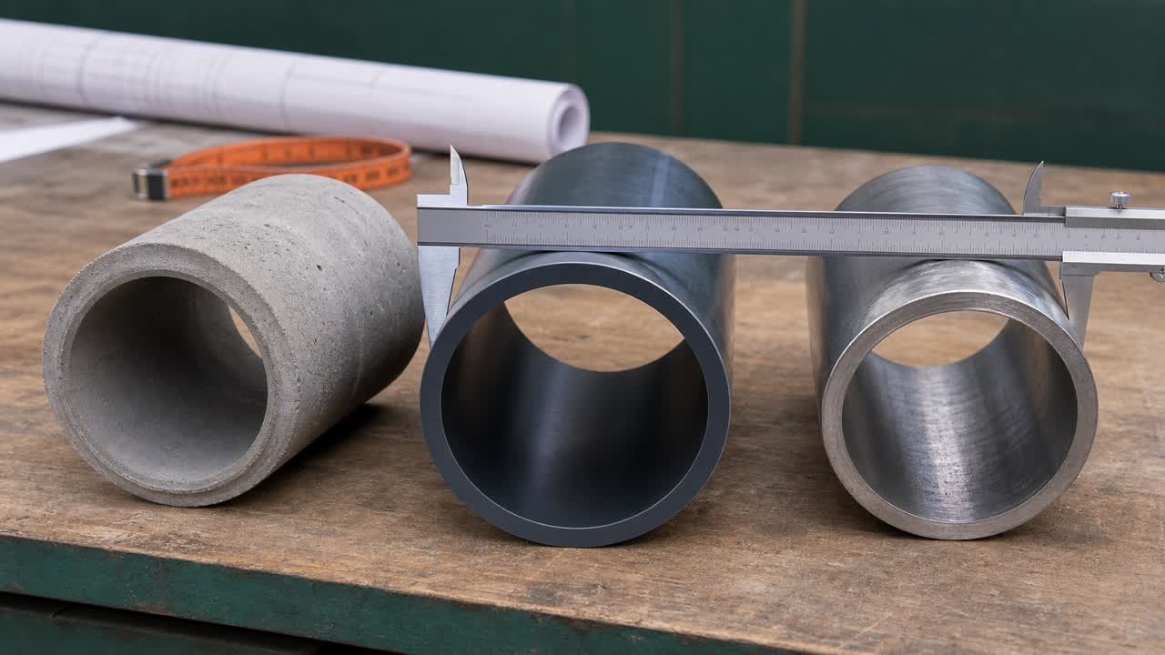 Outside caliper and circumference tape measurements on safely supported HDPE, PVC, and concrete pipe samples.