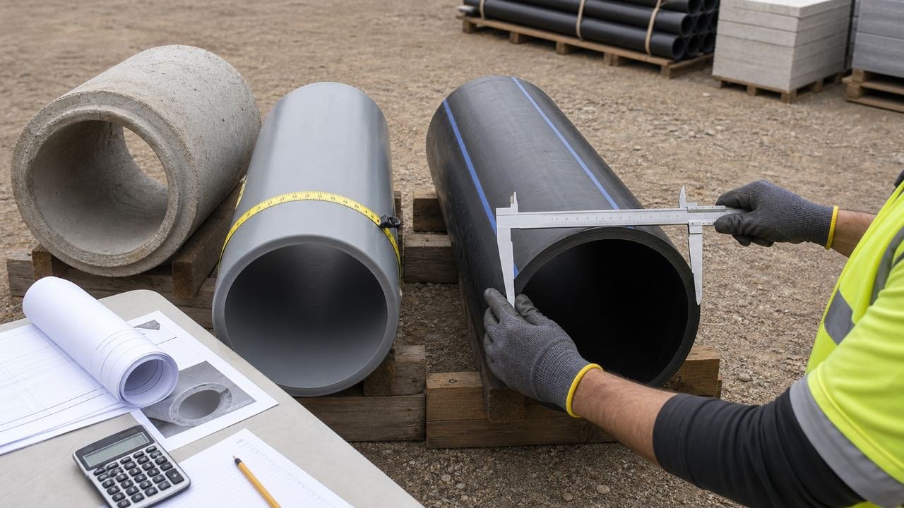 Outside caliper and circumference tape measurements on safely supported HDPE, PVC, and concrete pipe samples.