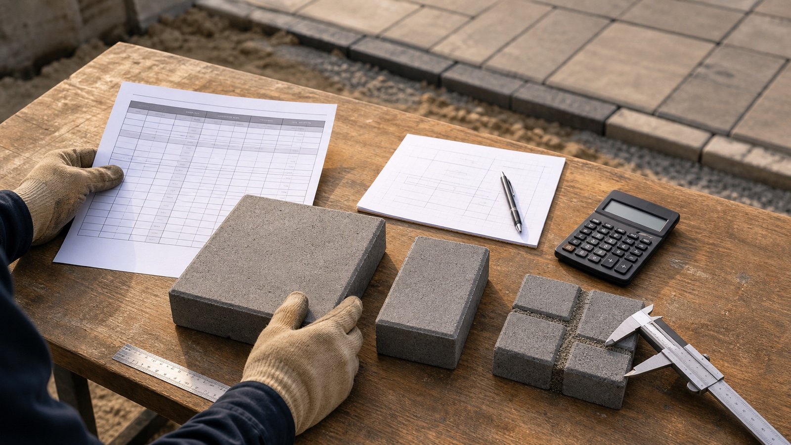 Gloved worker comparing a polymeric-sand coverage worksheet with concrete paver samples, joint caliper, depth ruler and calculator.