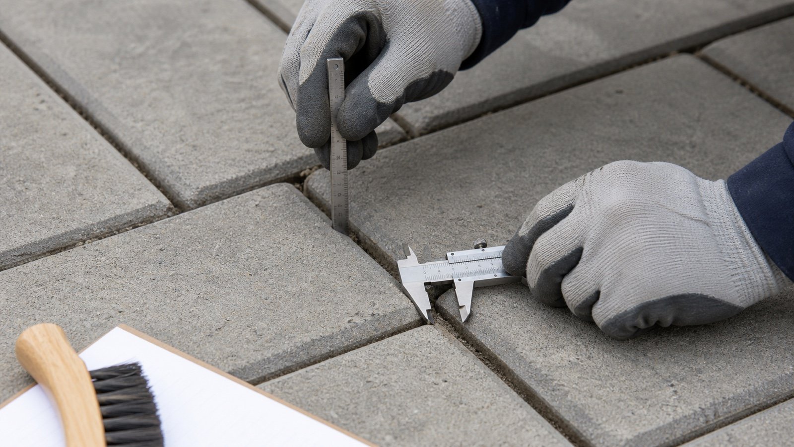 Gloved worker measuring the clear width and usable depth of joints between concrete pavers with a caliper and steel ruler.