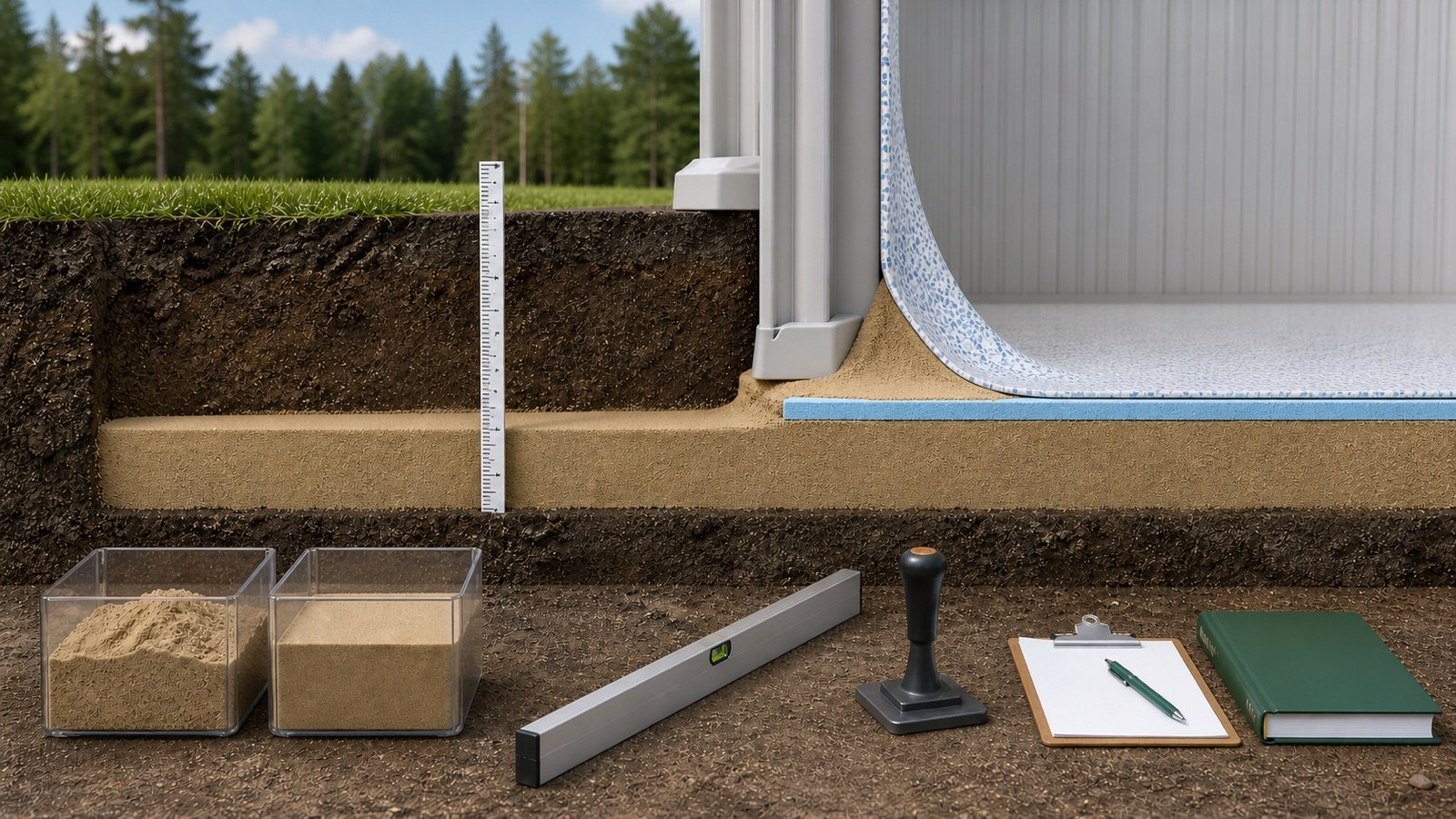 Dry above-ground pool base cross-section with a uniform sand layer, separate wall cove, liner pad, depth gauge, loose sample and compacted sample