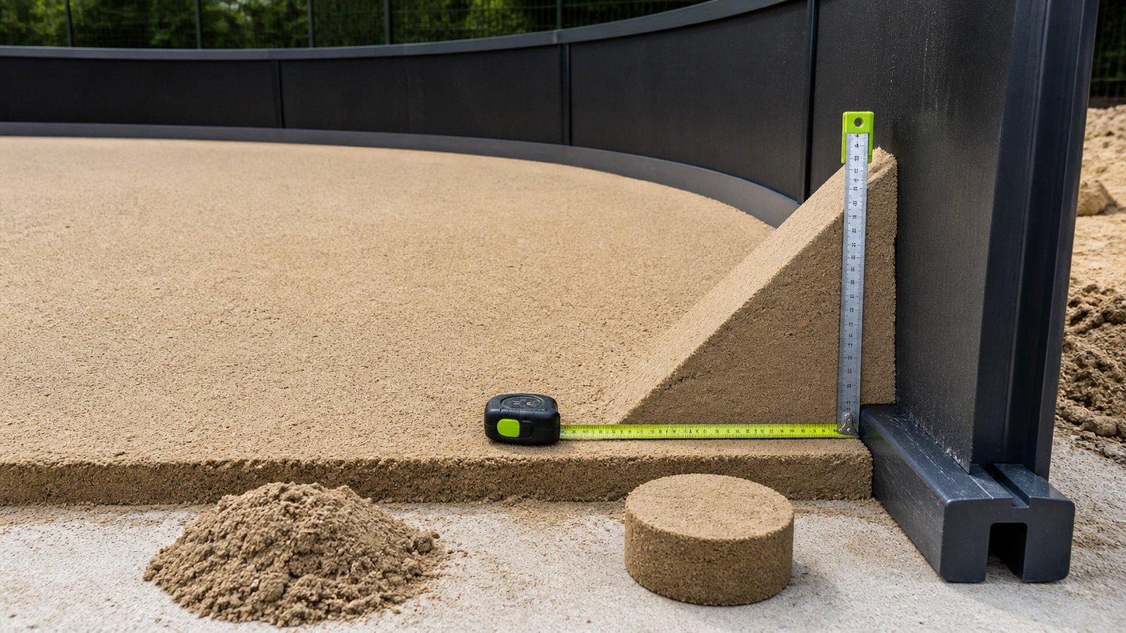 Dry above-ground pool wall with a compacted flat sand base and separate triangular cove measured vertically and horizontally
