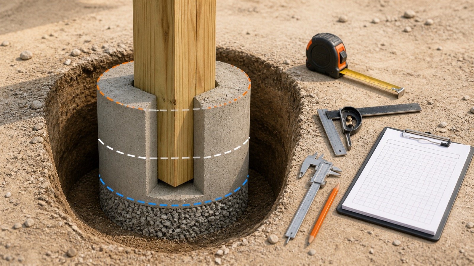 Cutaway round post hole with concrete around a square timber post, a concrete-only base below the post, gravel and measuring tools.