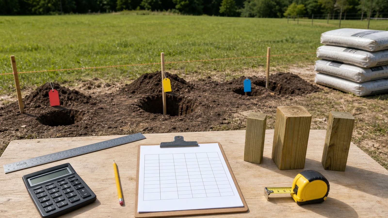 Blank quantity worksheet, calculator and measuring tools beside three tagged post-hole groups and different timber post sections.