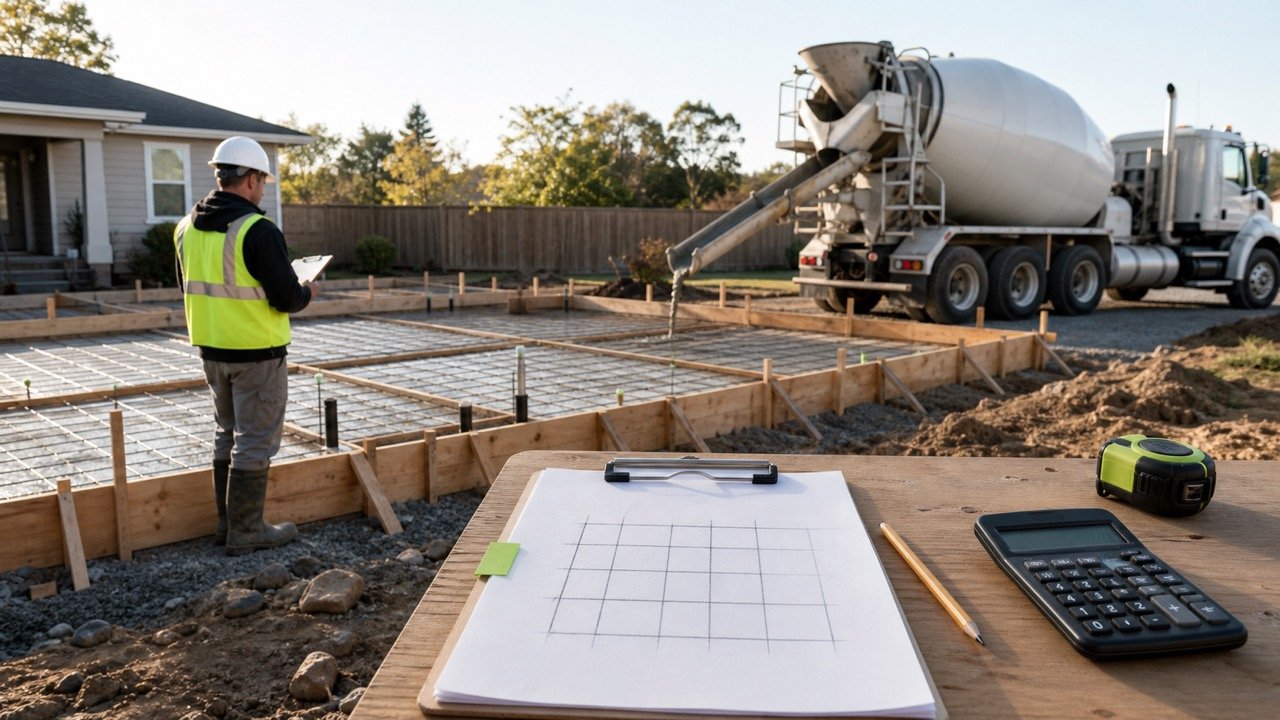 Ready-mix truck beside checked slab forms with a blank quantity grid, calculator and measuring tape in the foreground.