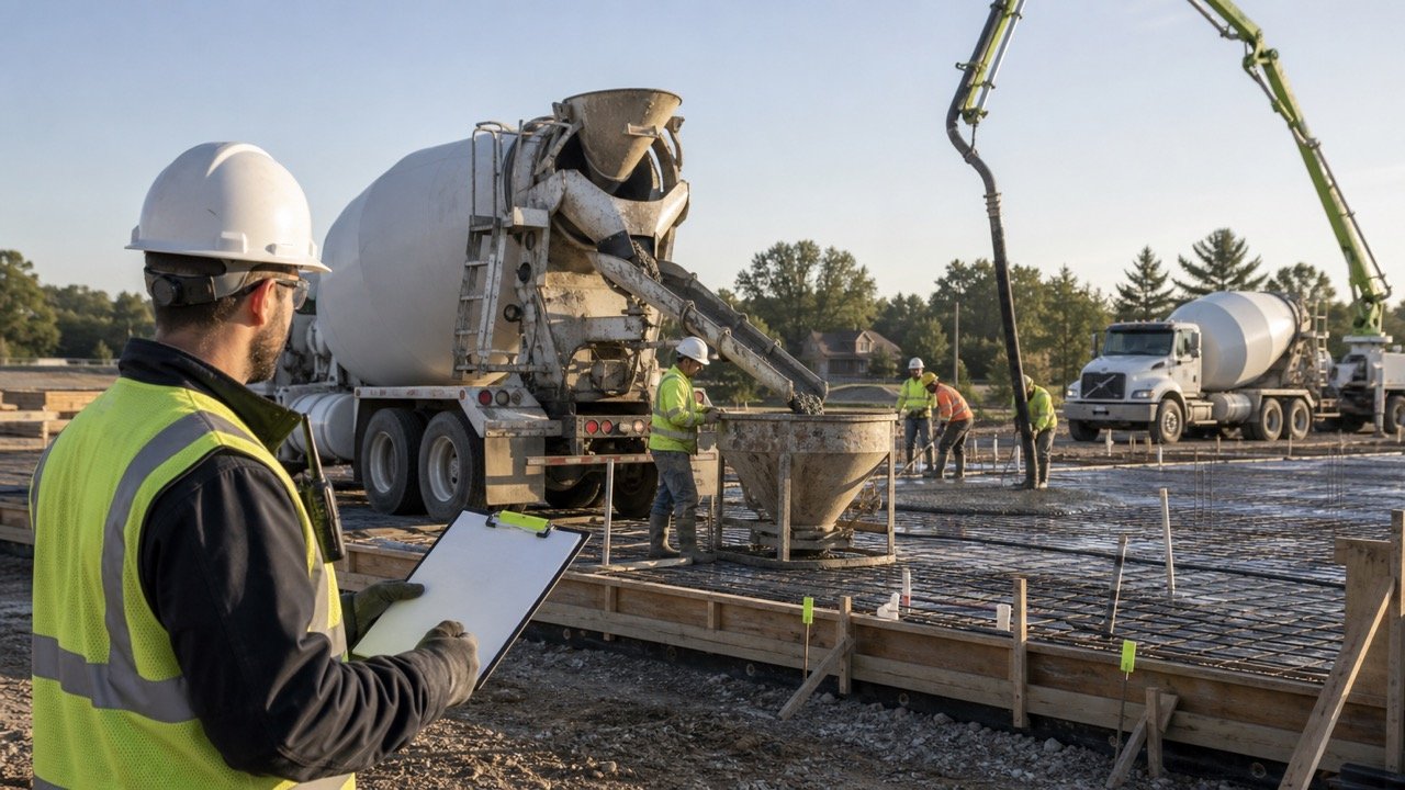 One ready-mix truck discharging to a pump while a second waits and a site coordinator checks a blank sequence board.