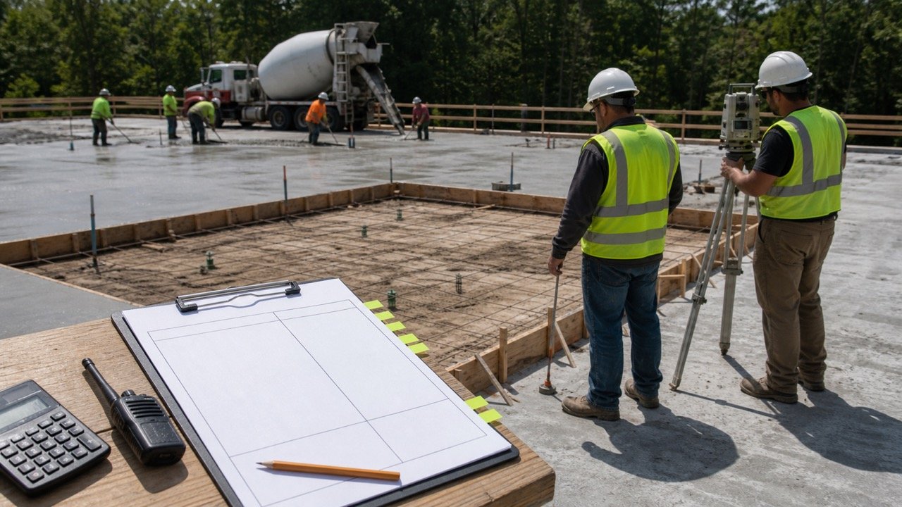 Surveyor and site coordinator check an unfinished formed slab section beside a blank quantity worksheet, calculator and radio.