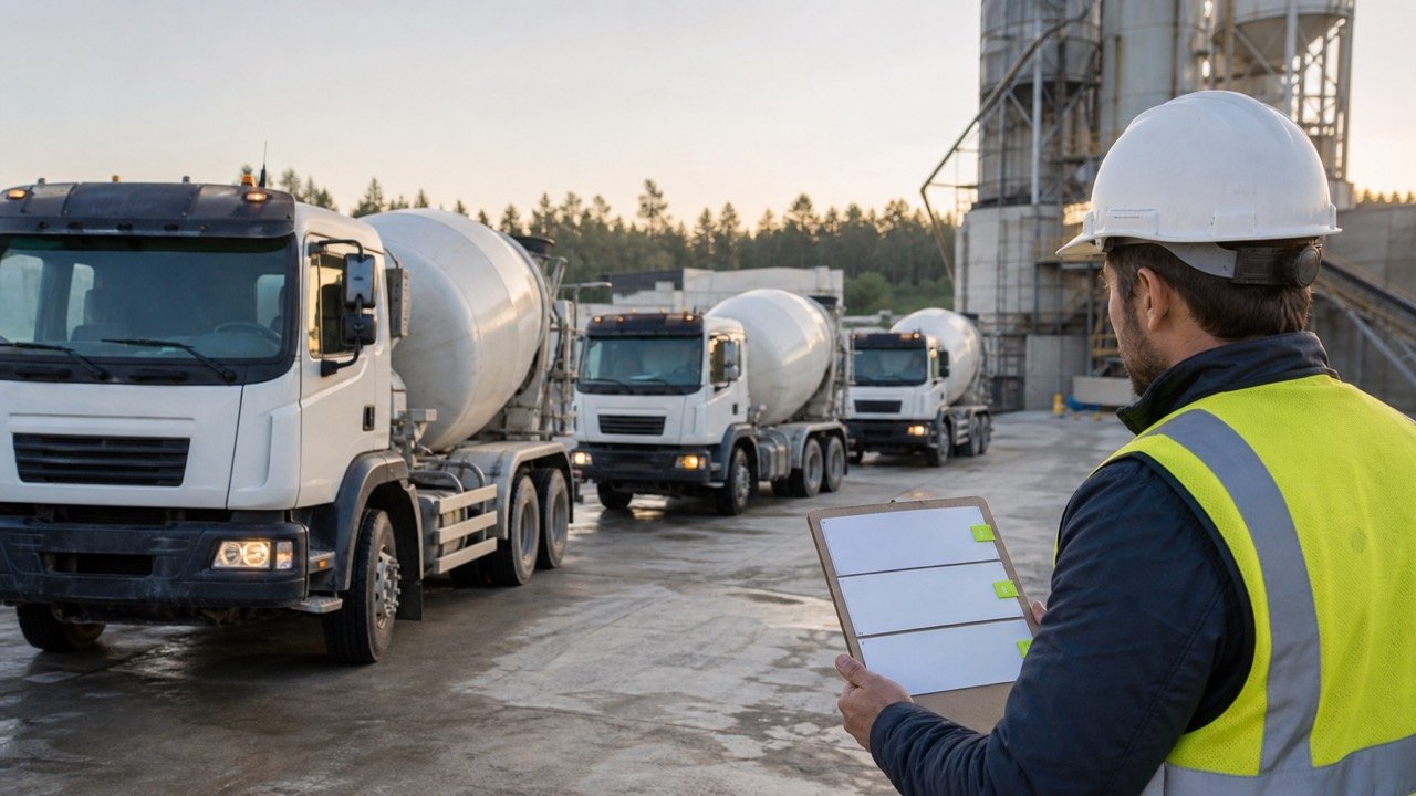 Three ready-mix mixer trucks staged at a concrete plant while a coordinator checks a blank three-row dispatch board.