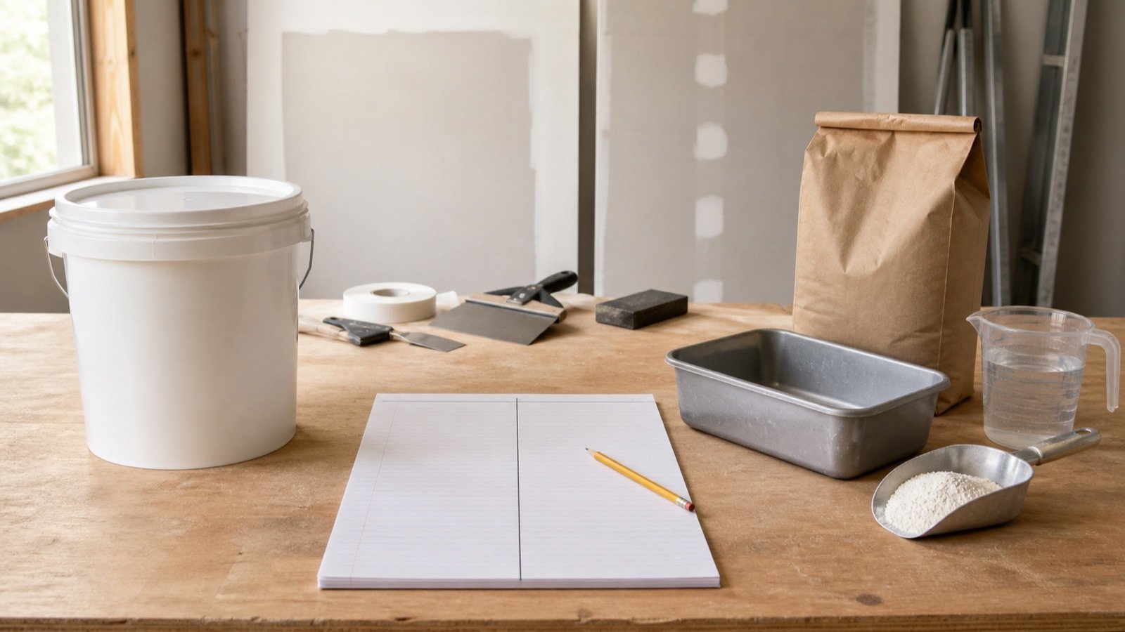 Plain ready-mix pail and dry setting-compound bag beside separate quantity columns, a clean mixing pan and measured water.
