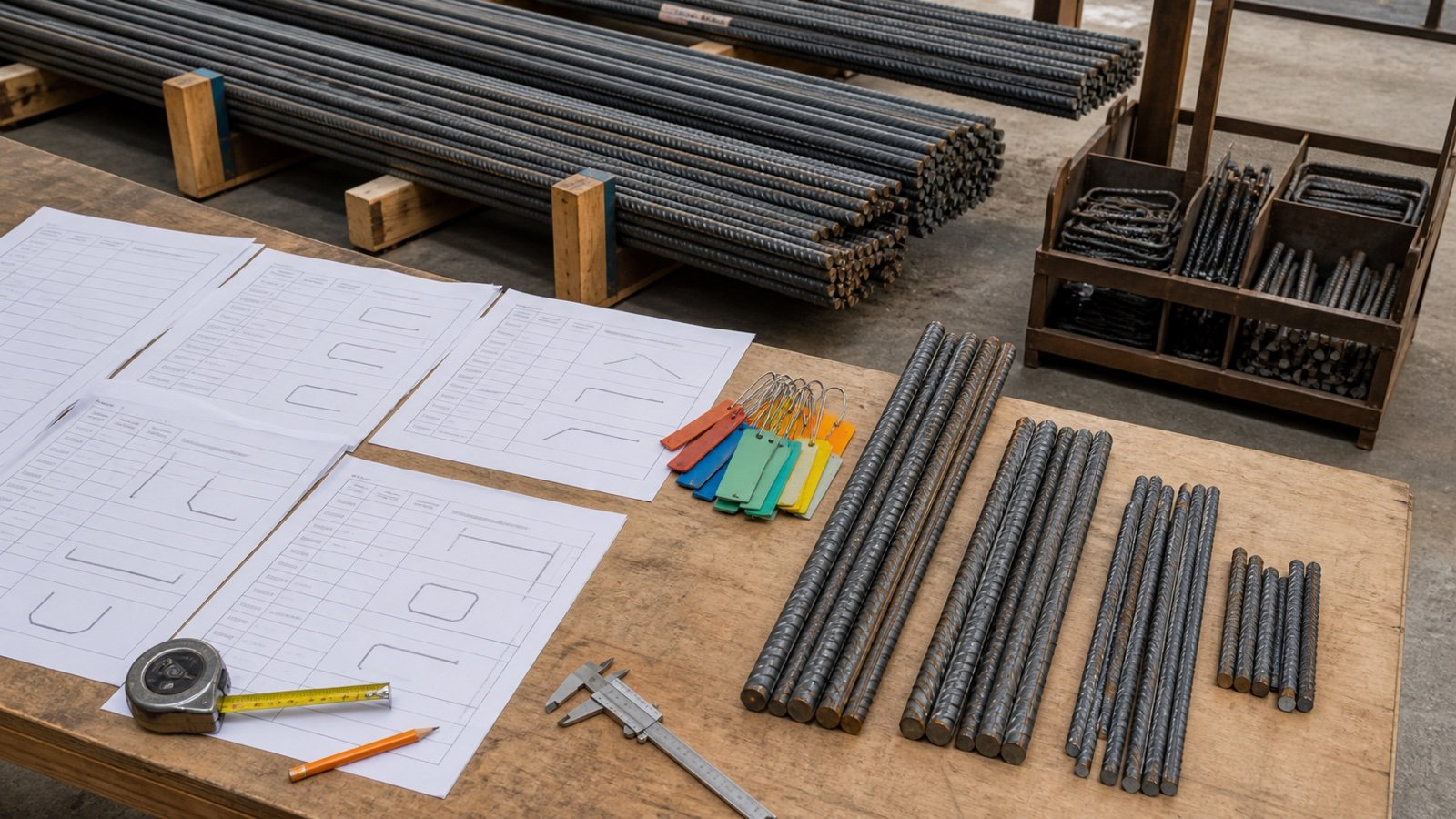 Rebar fabrication table with bar-list sheets, colored tags, measured cut pieces, full stock bars and sorted offcuts.
