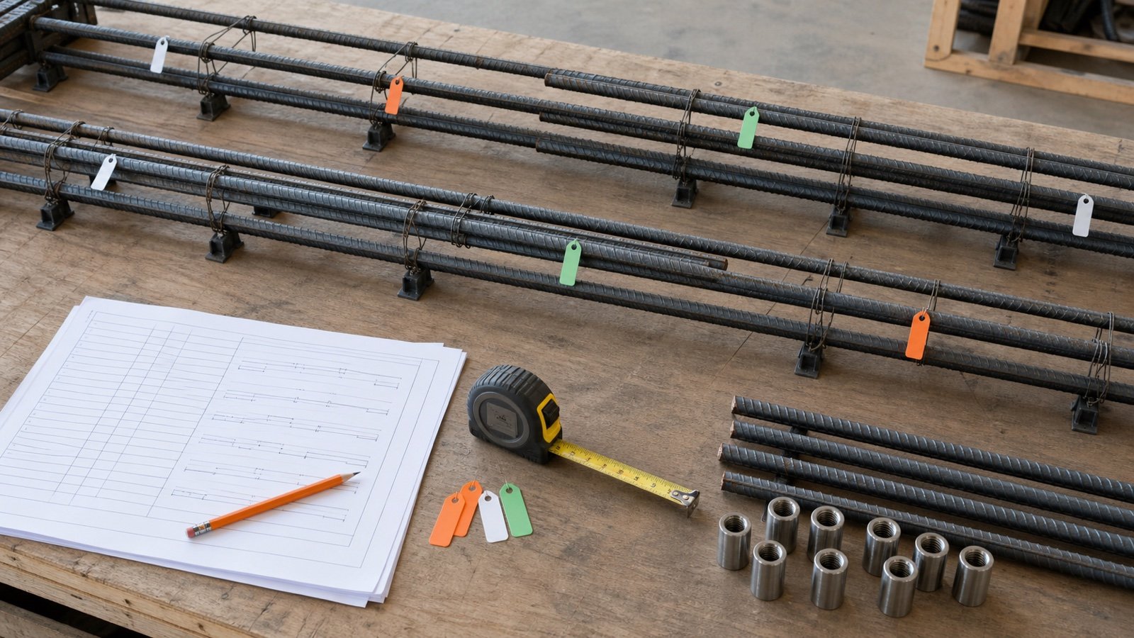 Staggered rebar lap zones with colored tags, a splice schedule, tape measure and separate mechanical couplers on a work table.