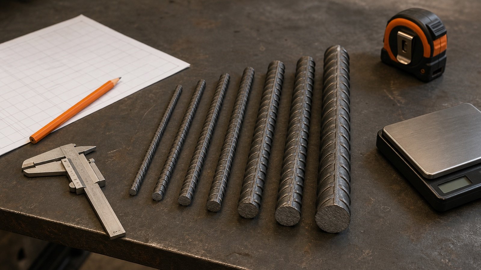 Cut reinforcing-bar samples arranged from small to large diameter beside a caliper, tape measure and scale on a steel workbench.