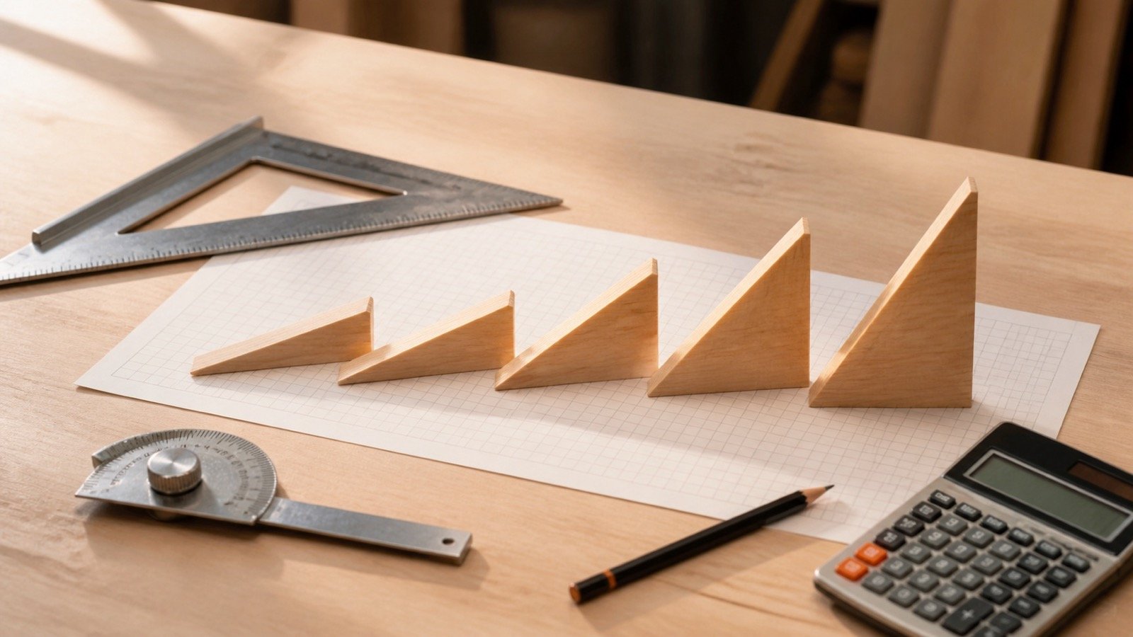 Five wooden roof slope profiles arranged from shallow to steep beside a framing square, angle gauge and calculator.