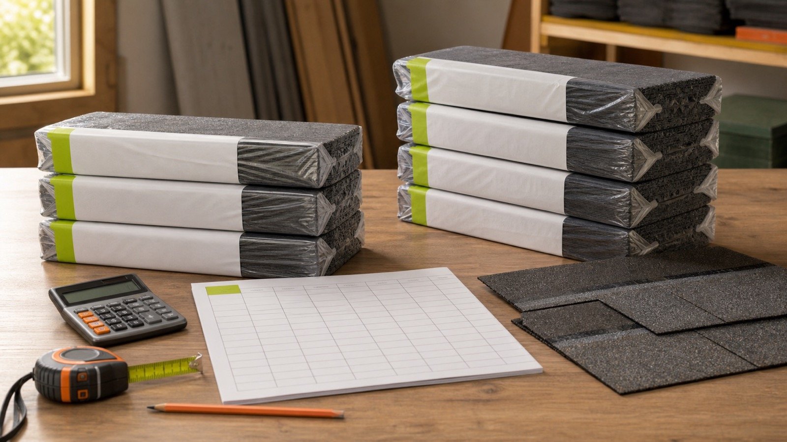 Separate groups of three and four plain shingle bundles beside loose asphalt shingles, a calculator and a blank takeoff sheet.