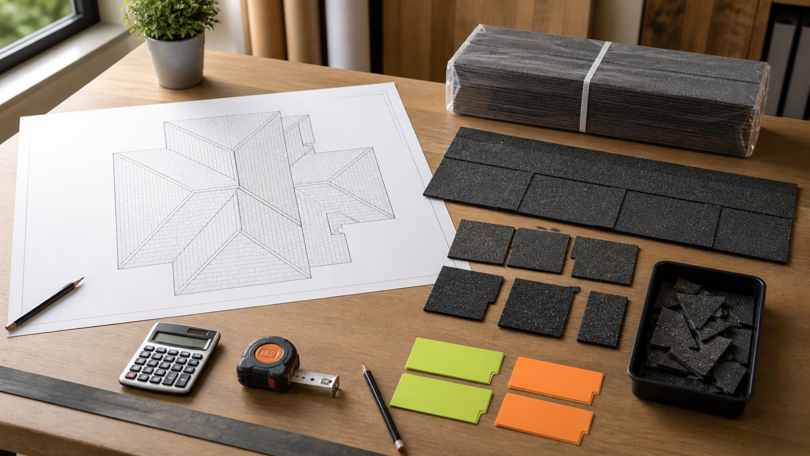 Roof takeoff drawing beside full shingles, sorted reusable cuts, irregular trimmings, a sealed spare bundle, calculator and tape measure.