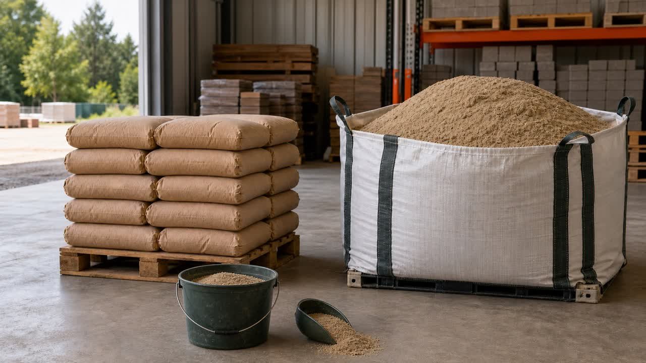 Unbranded sand bags beside a bulk bag of sand, with a measuring bucket, tape measure, and blank comparison sheet.