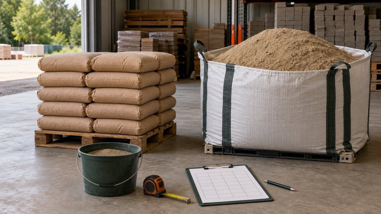 Unbranded sand bags beside a bulk bag of sand, with a measuring bucket, tape measure, and blank comparison sheet.
