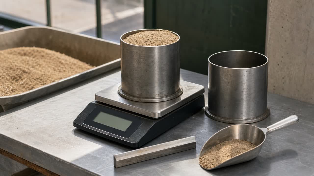 A rigid metal measure filled level with sand on a laboratory balance beside an empty measure, strike-off bar, and scoop.