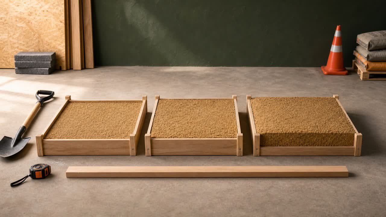 Three equal timber test bays containing the same sand at shallow, medium, and deeper placed levels.