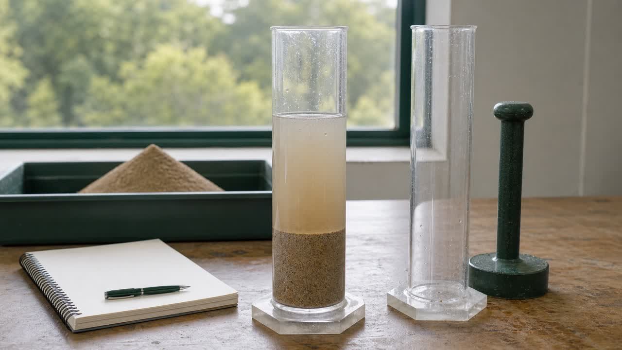 A clear sand equivalent test cylinder with settled sand and suspended fines beside an empty cylinder, weighted foot, and blank notebook.