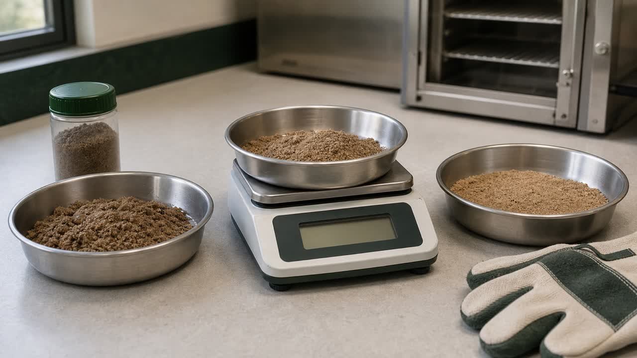 Three laboratory pans showing damp sand, a weighed sand sample, and dry sand beside a capped sample container and drying oven.