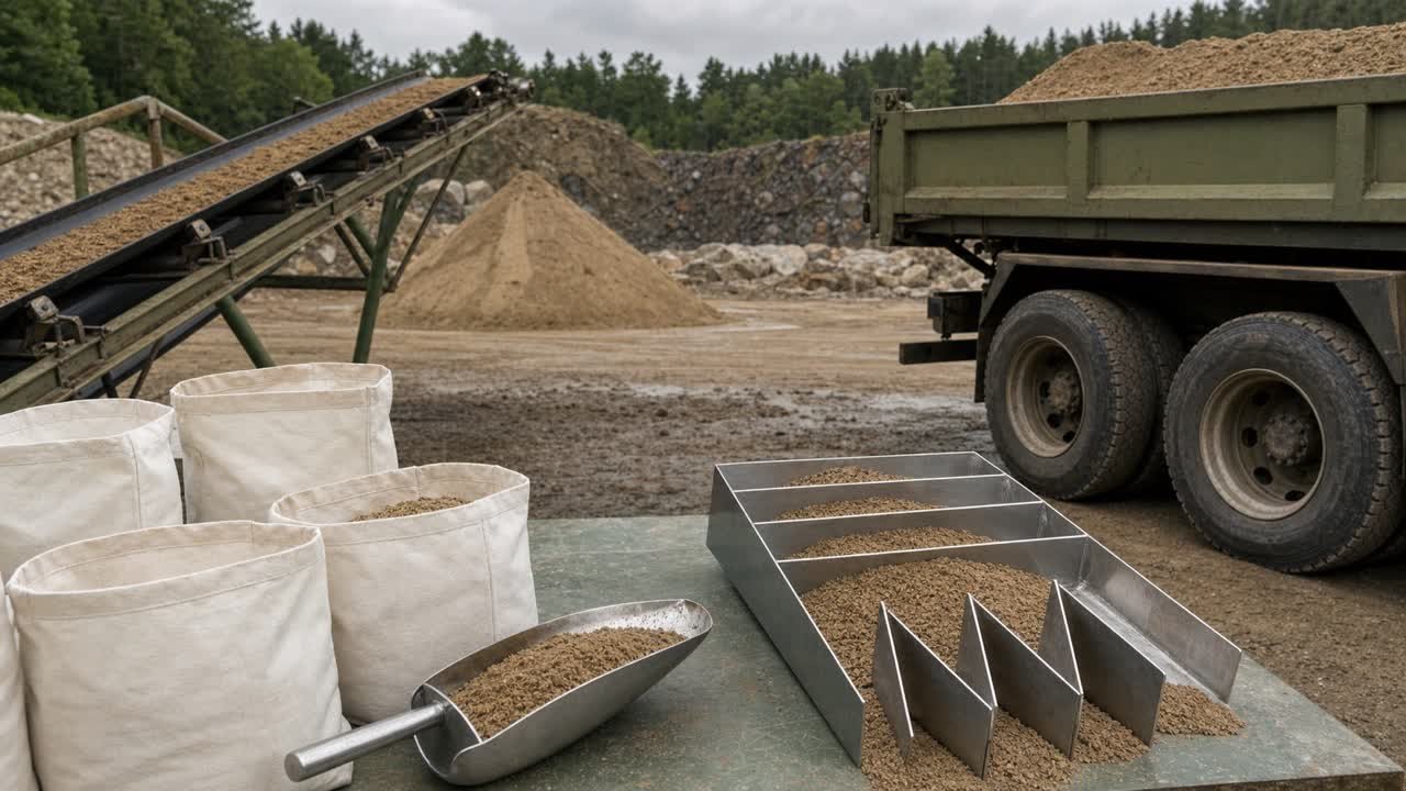 Sand sampling equipment and sample bags on a quarry table beside a conveyor, stockpile, and delivery truck.