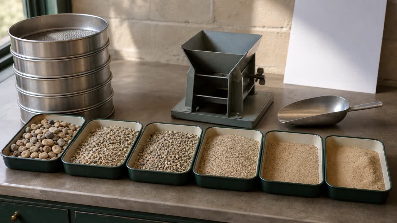 A stack of metal sieves beside six trays of separated sand fractions, a sample splitter, scoop, and blank chart sheet.