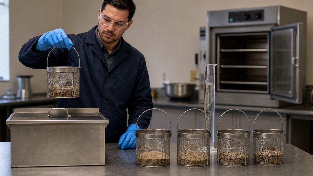 Laboratory technician lifting a mesh basket of sand beside separate aggregate fraction baskets and a drying oven.