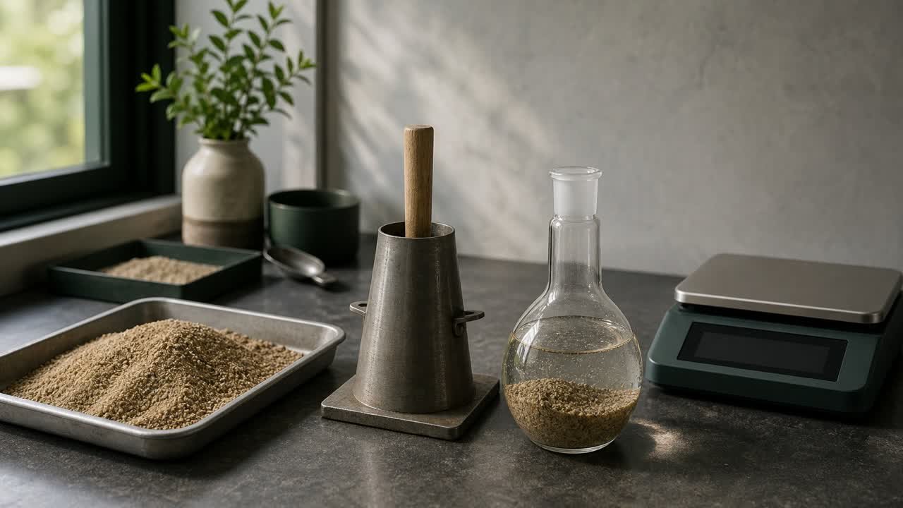 A pycnometer containing water and sand beside a conical mold, tamper, fine aggregate pan, and laboratory balance.