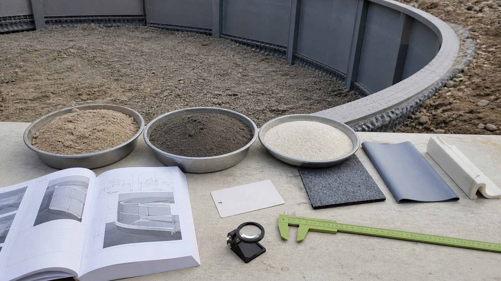 Three unbranded pool-base material samples beside a liner swatch, geotextile, preformed cove, installation manual and measuring tools